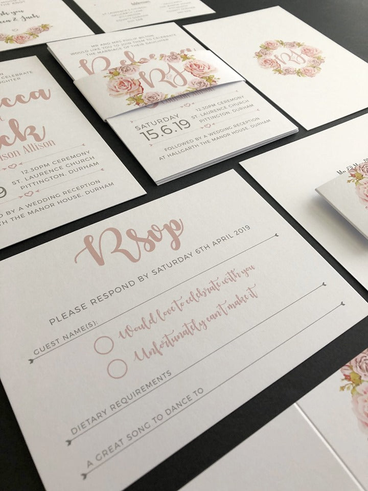 Dusky Pink Roses, Foliage & White Simple Wedding Invitations