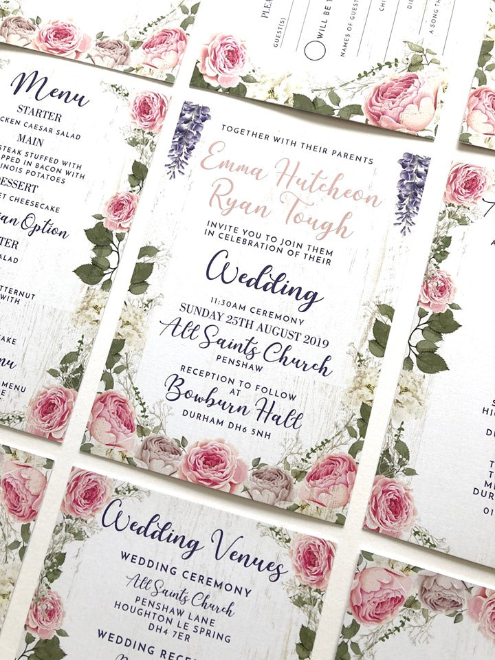 Pink Peonies & Blue Wysteria on White Wood Floral Wedding Invitations