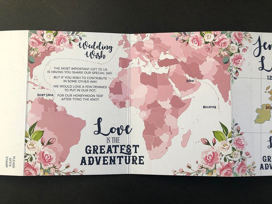 Pink, WHite and Navy Floral Love Is The Greatest Adventure World Map concertina Wedding Invitations