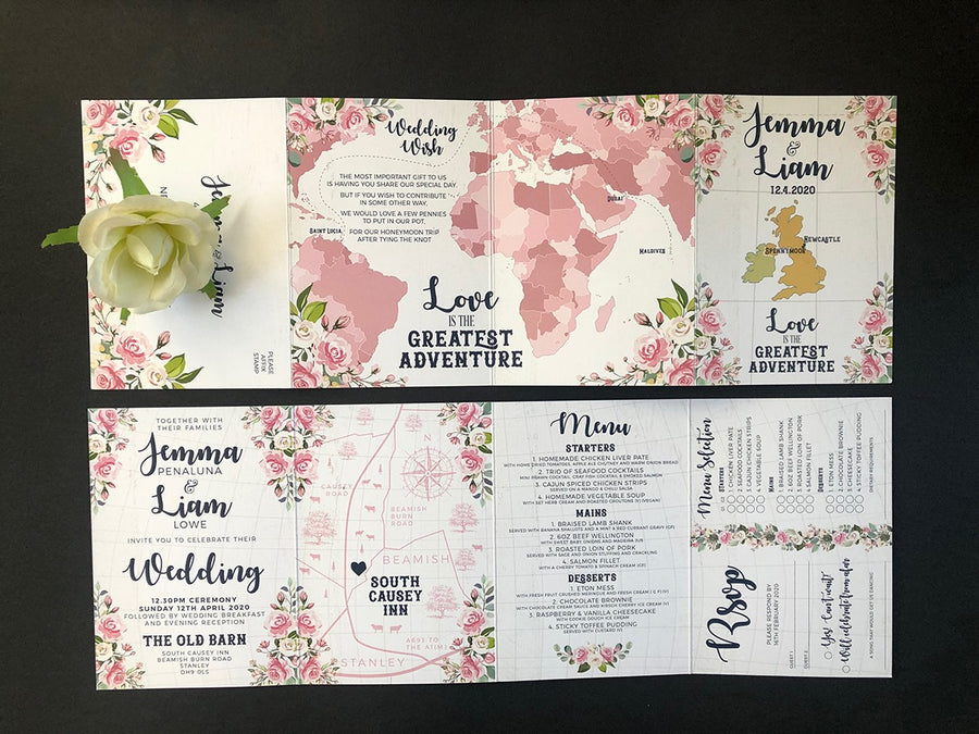 Pink, WHite and Navy Floral Love Is The Greatest Adventure World Map concertina Wedding Invitations