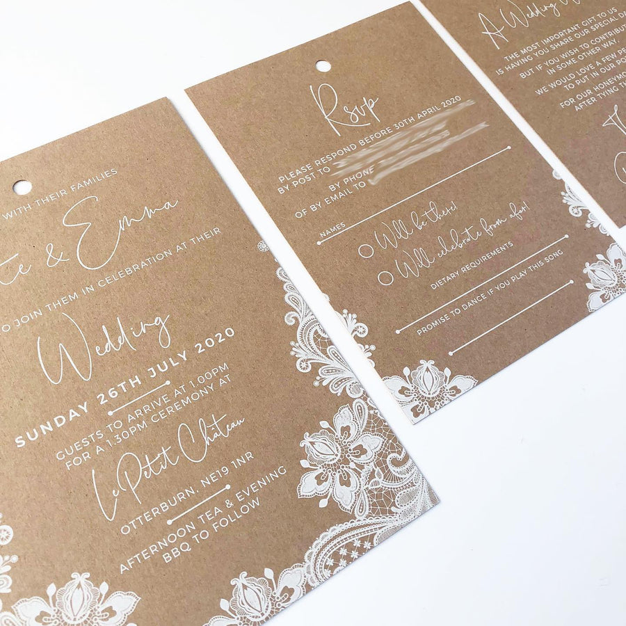 Elegant Floral Lace in White Ink on Kraft Handwritten Calligraphy Wedding Invitations