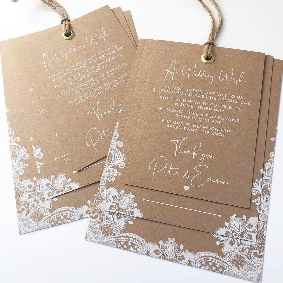 Elegant Floral Lace in White Ink on Kraft Handwritten Calligraphy Wedding Invitations