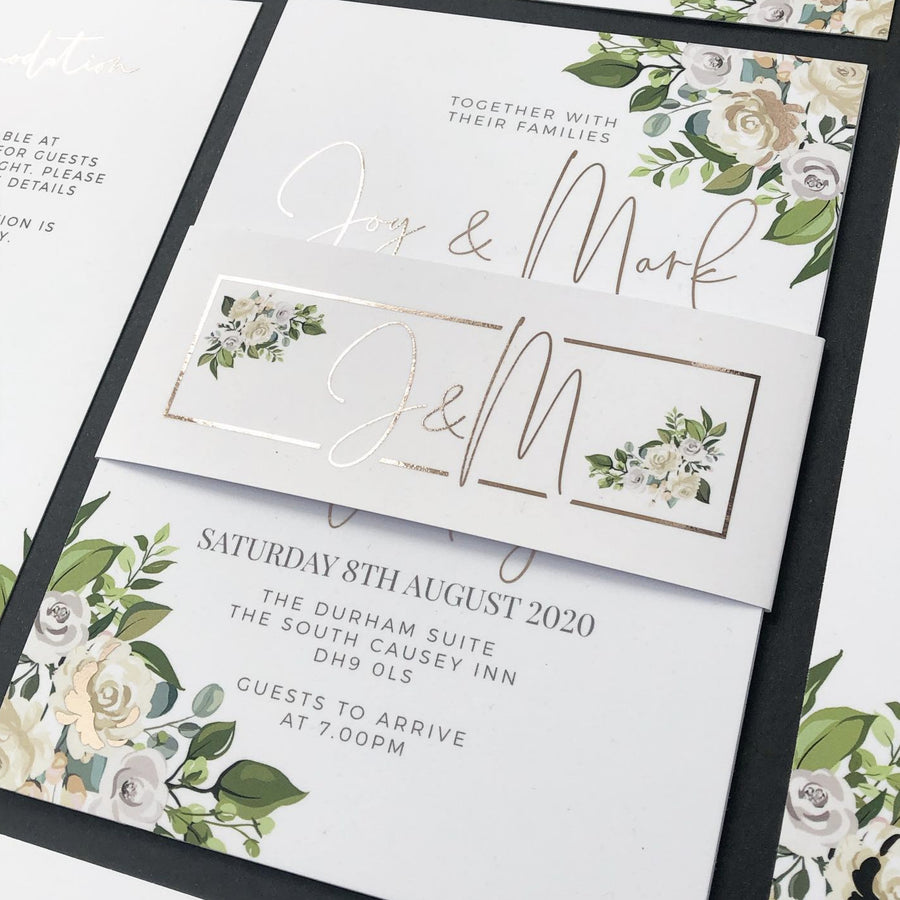 White, Cream and Rose-Gold Foil Roses with Green Foliage Floral Wedding Invitations
