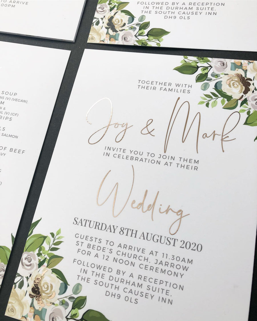 White, Cream and Rose-Gold Foil Roses with Green Foliage Floral Wedding Invitations