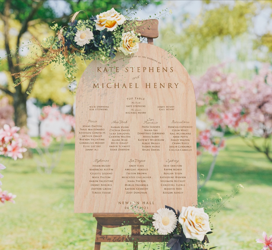 Arched engraved ply wood wedding table plan