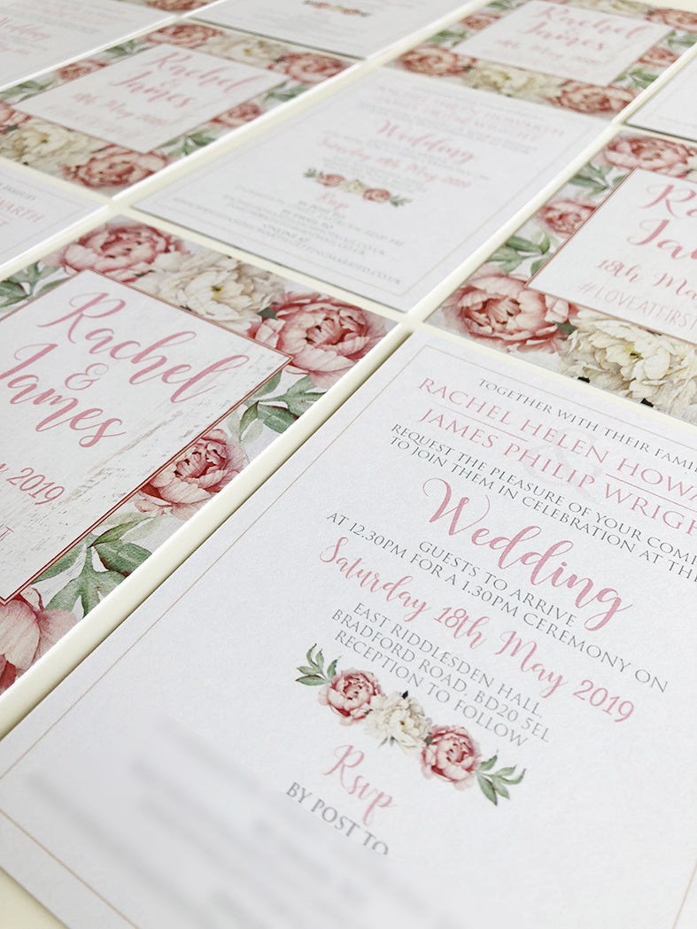 Dusky Pink and White Peonies on White Wood Wedding Invitations