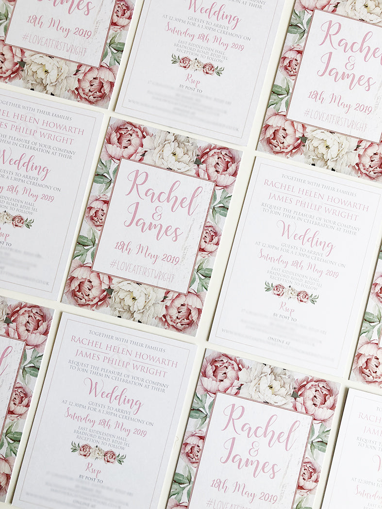Dusky Pink and White Peonies on White Wood Wedding Invitations