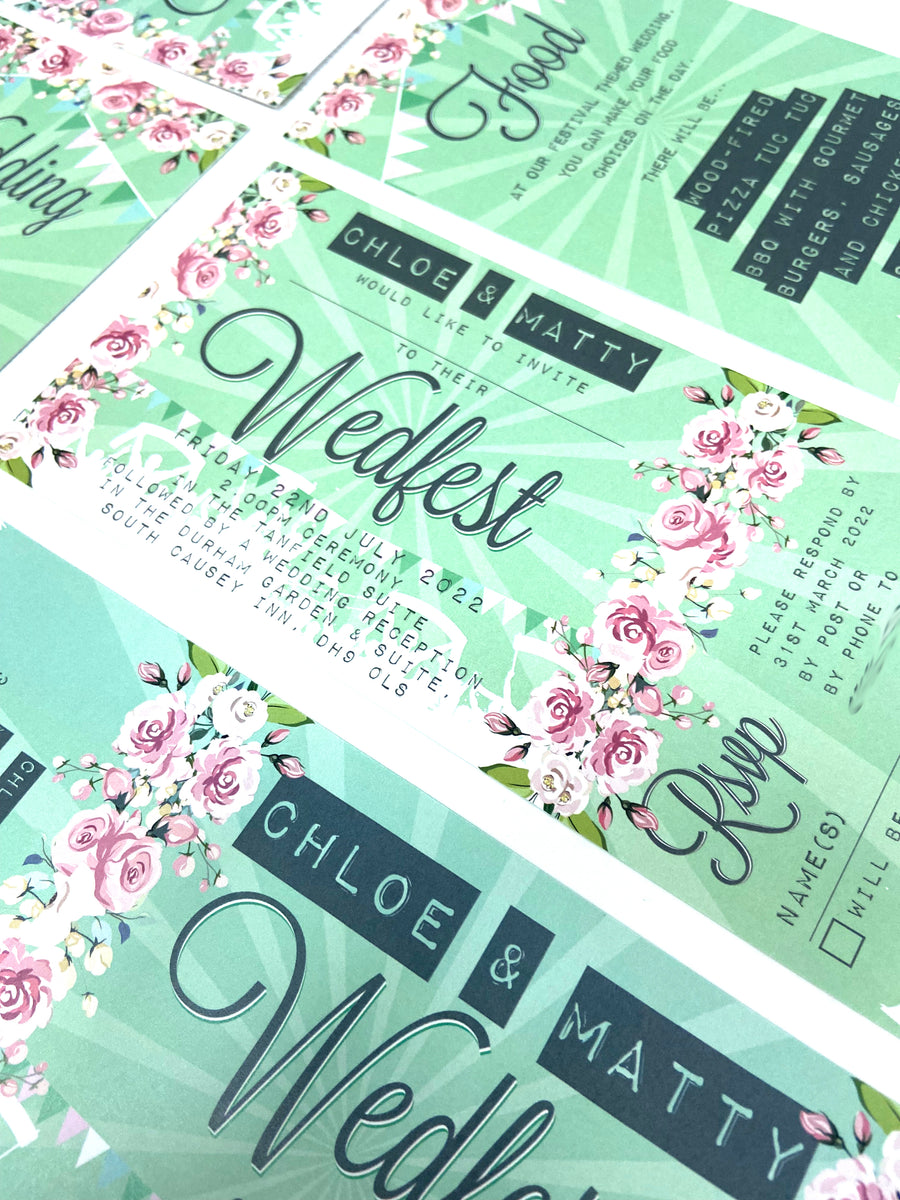 Green Floral Festival Ticket Wedding Invitations