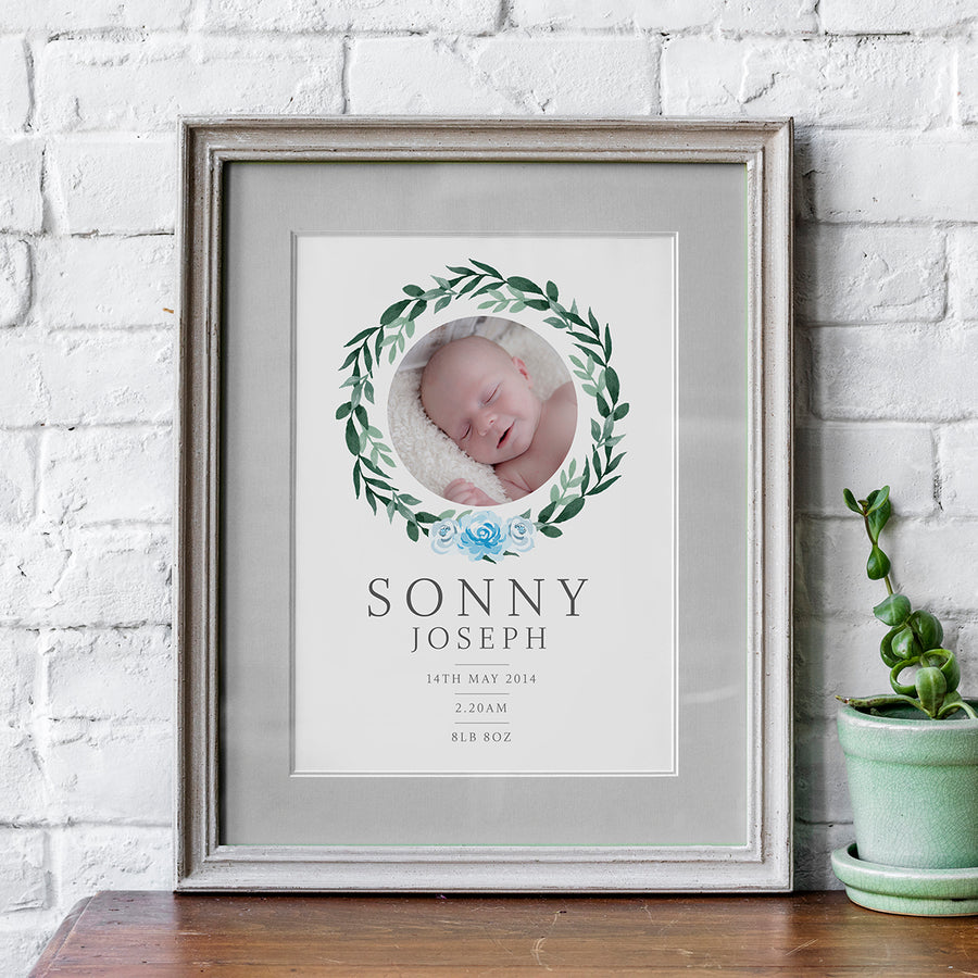 Green Wreath and Pink or Blue Flowers New Born Baby Print