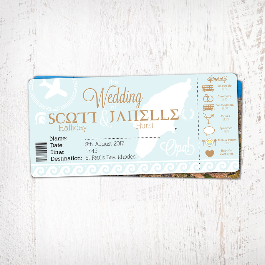 OPA! Greek Themed Boarding Pass Theme Wedding Invitation with Order of the Day