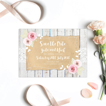 Peony, Parchment, Lace & Wood Save The Date