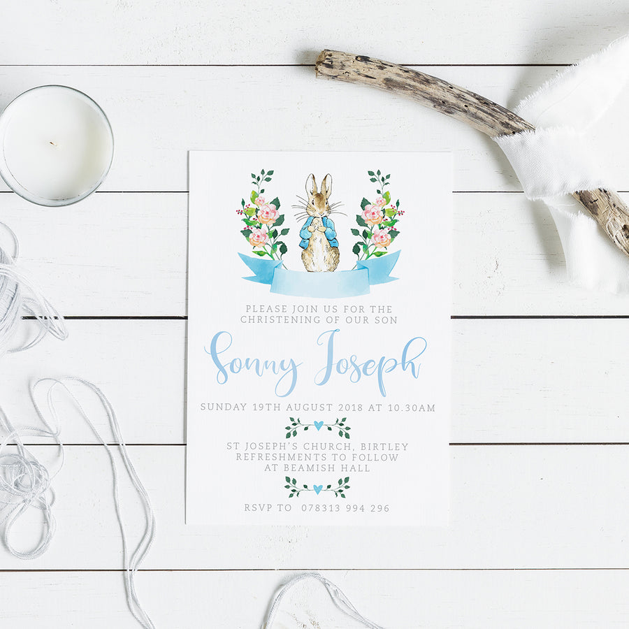 Peter Rabbit with Blue Jacket Personalised Christening Invites
