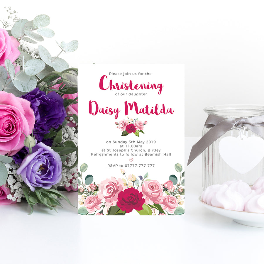 Pink Peonies and Foliage Rustic White Simple Christning Invites