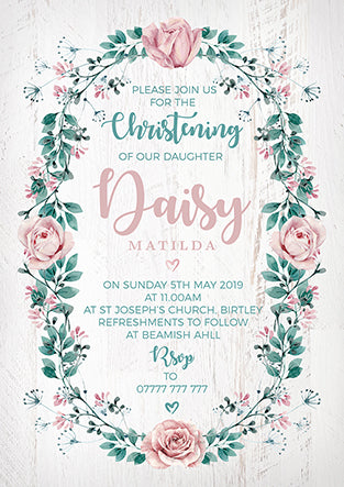 Pink Roses and Foliage on White Wood Background Personalised Christening Invites