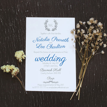Simple and Elegant Hand Drawn Foliage Wreath Garland Blue and Grey Wedding Invitations