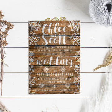 Snow flake on Rustic Wood Background WInter Wedding Invitations
