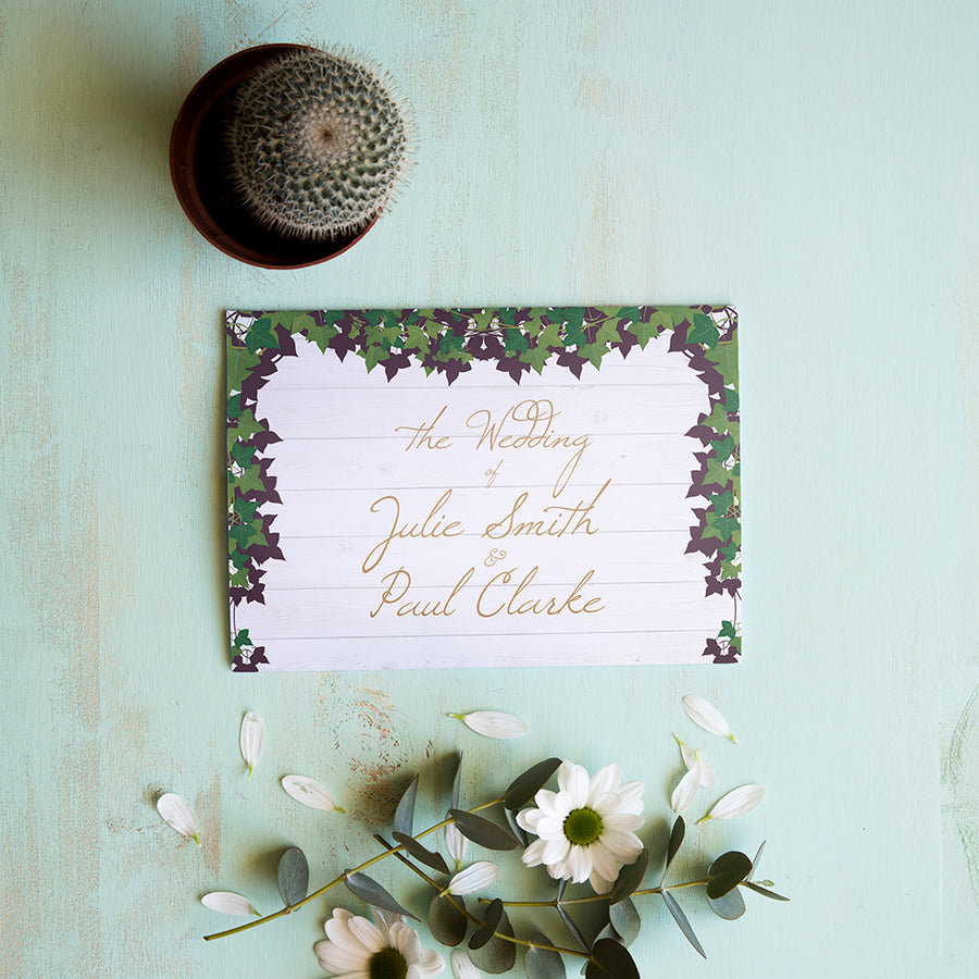 White Rustic Fence Wood with Ivy and Gold Wedding Invitations